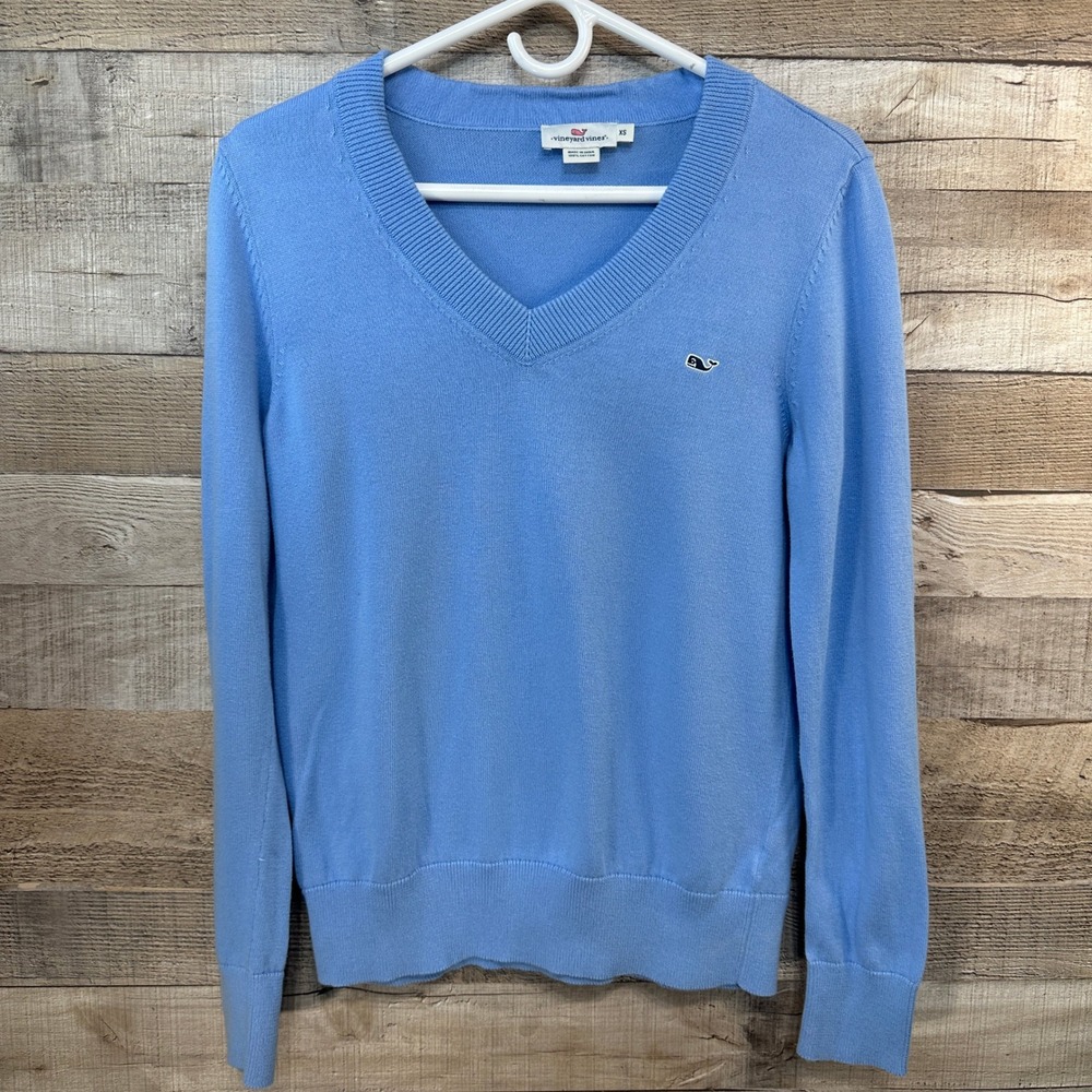 Vineyard Vines Light Blue Whale Logo V Neck Sweater Heritage Knit Cotton XS